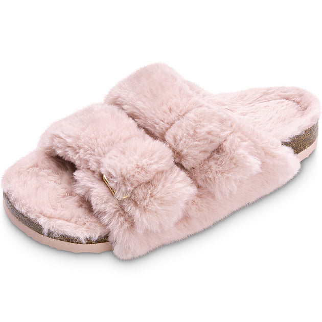 Faux fur open toe slippers with satin bow & jewel - Pink. Colour: pink